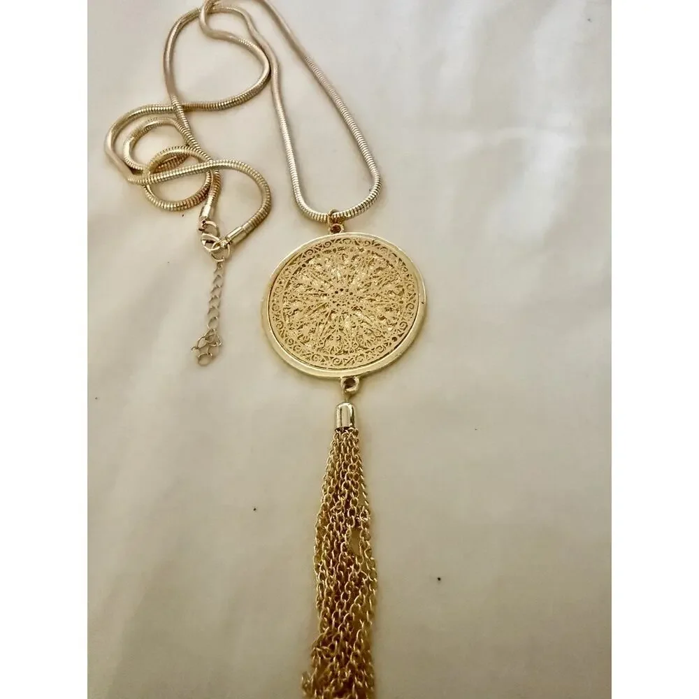 Vintage Long Pendant Necklace Gold Tone Snake Chain Etche with Tassel 32” Long